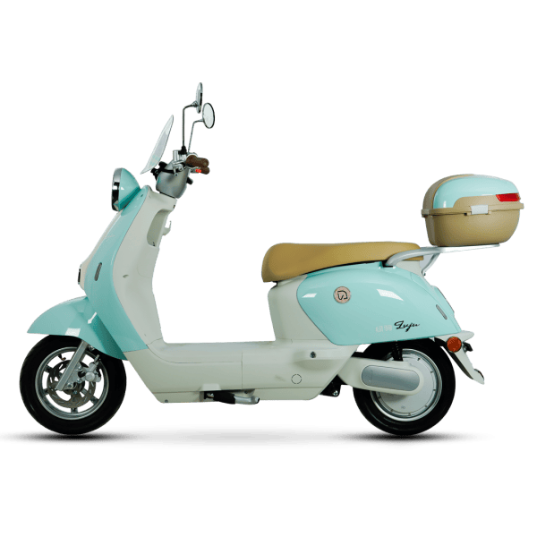 Electric scooter with storage box, ideal for city travel and eco-friendly transportation. Features a sleek design, comfortable seat, and practical storage for daily errands.