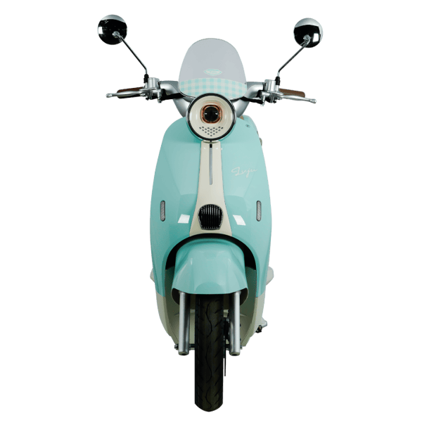 A stylish light blue scooter with a vintage-inspired design, featuring a round headlight, sleek body, and comfortable handlebars, perfect for city commuting and eco-friendly transportation.