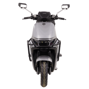 Modern electric motorcycle with sleek design, front view showcasing handlebars, headlight, and sturdy tires, ideal for eco-friendly urban commuting.
