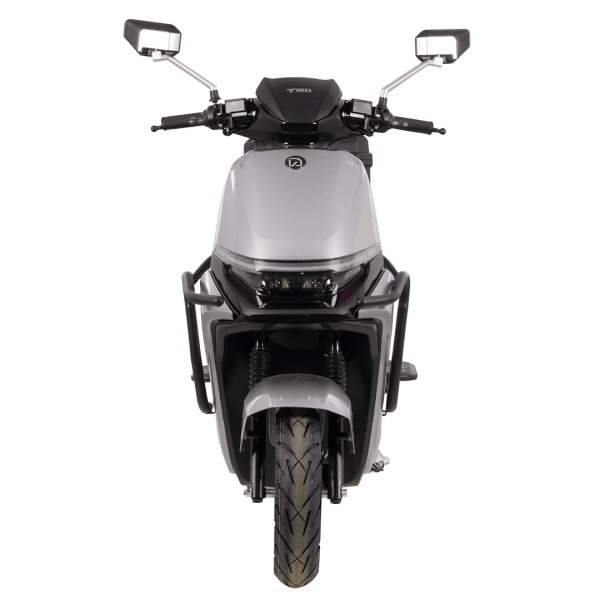 Modern electric motorcycle with sleek design, front view showcasing handlebars, headlight, and sturdy tires, ideal for eco-friendly urban commuting.