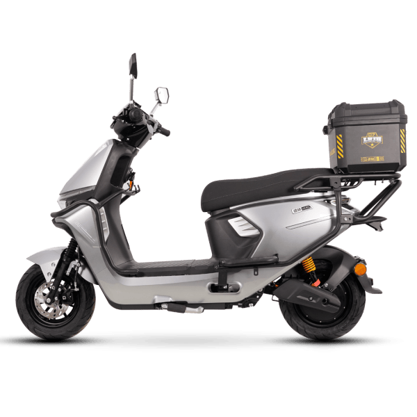 Electric scooter designed for city commuting with a rear storage box for convenience and security. Features a sleek, modern look, durable build, and eco-friendly performance for efficient urban travel.