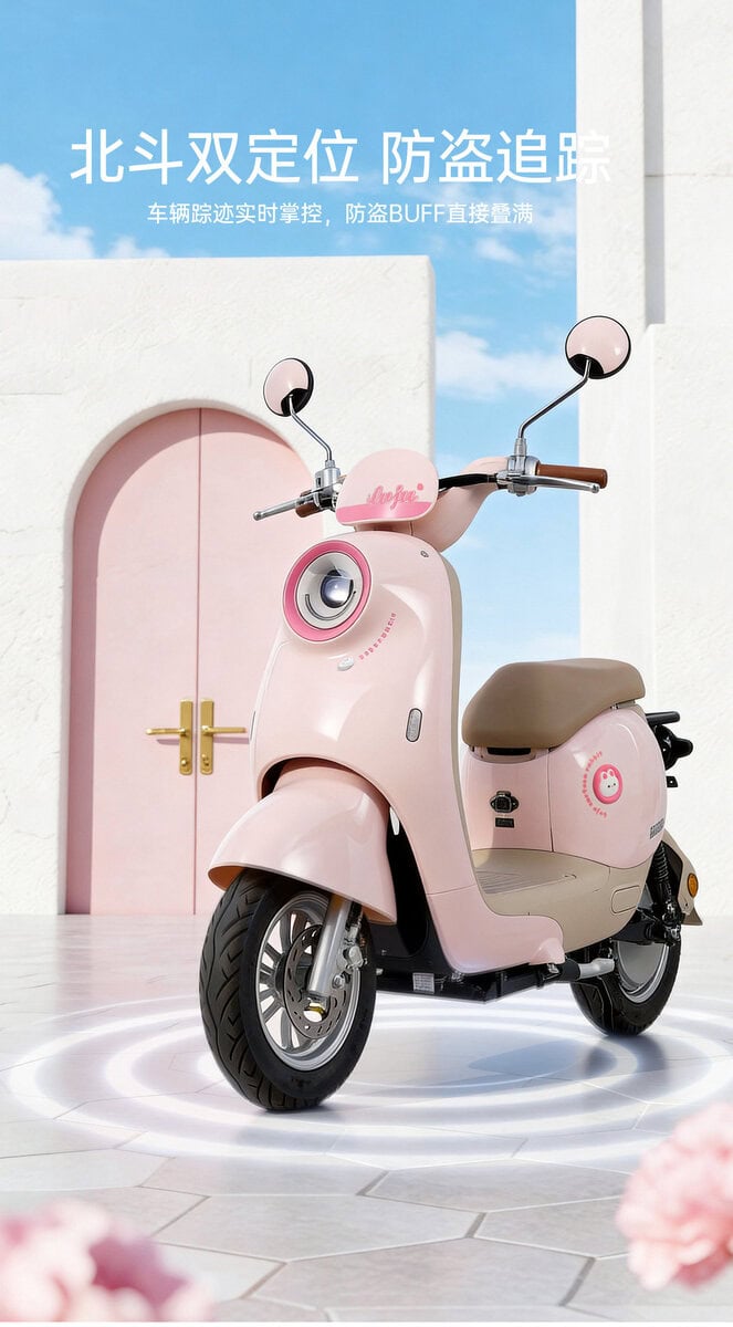 Modern pink and white scooter with round mirrors and front camera, ideal for urban commuting and eco-friendly transportation.