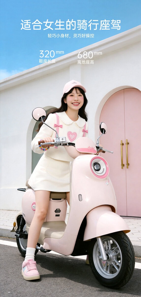 Young woman riding a pink scooter, smiling, wearing a white dress and pink cap, showcasing a fun and fashionable way to commute.