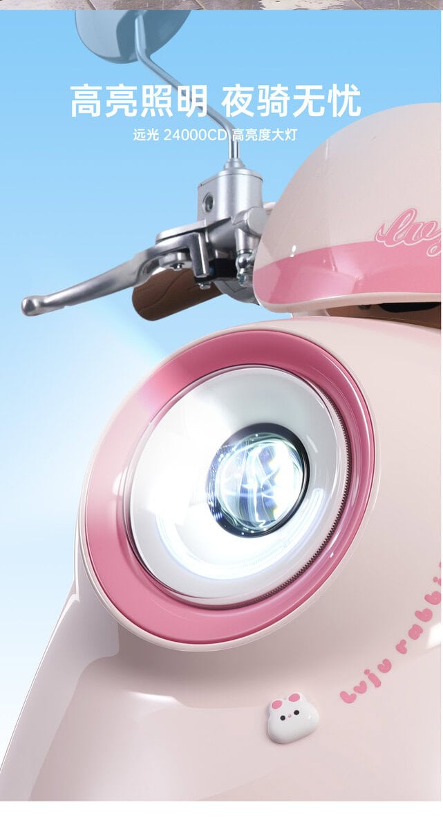 High-brightness LED headlight on a pink scooter, designed for safe night riding with 24000 lumens brightness. The image showcases the modern, stylish scooter equipped with powerful lighting for enhanc.