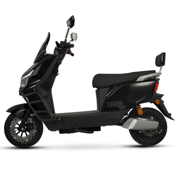 Modern black electric scooter ideal for urban commuting and delivery, featuring a sleek design, comfortable seat, and advanced battery technology.