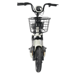 Electric bike with front basket, ideal for city travel and eco-friendly transportation. Features a sleek design, comfortable handlebars, and durable tires for smooth rides.