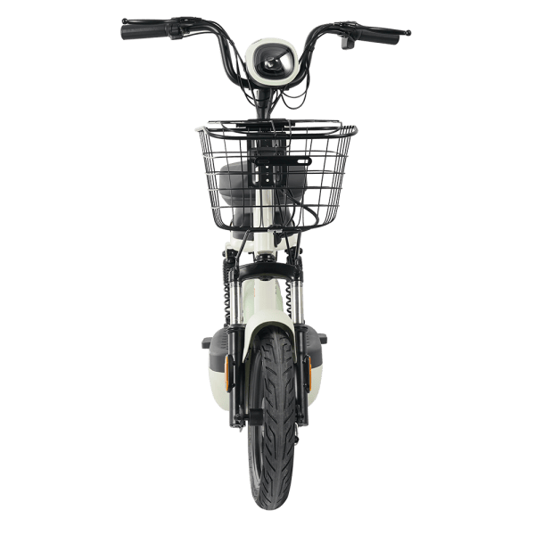 Electric bike with front basket, ideal for city travel and eco-friendly transportation. Features a sleek design, comfortable handlebars, and durable tires for smooth rides.