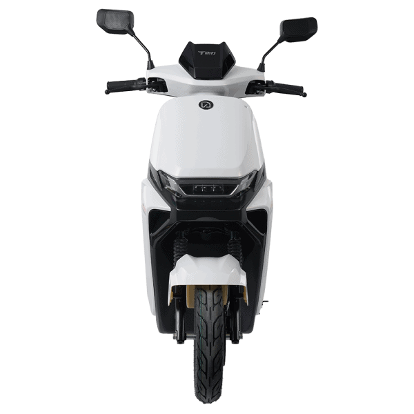 A sleek white electric scooter with a contemporary design, featuring digital controls, comfortable seating, and enhanced safety features, ideal for eco-friendly city transportation.