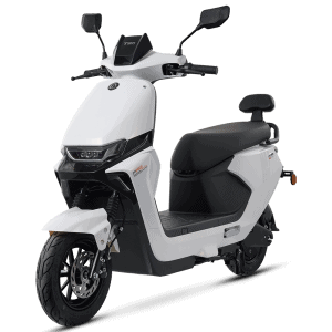 Modern white electric scooter ideal for city commuting, featuring a sleek design, comfortable seat, and advanced features for efficient transportation.
