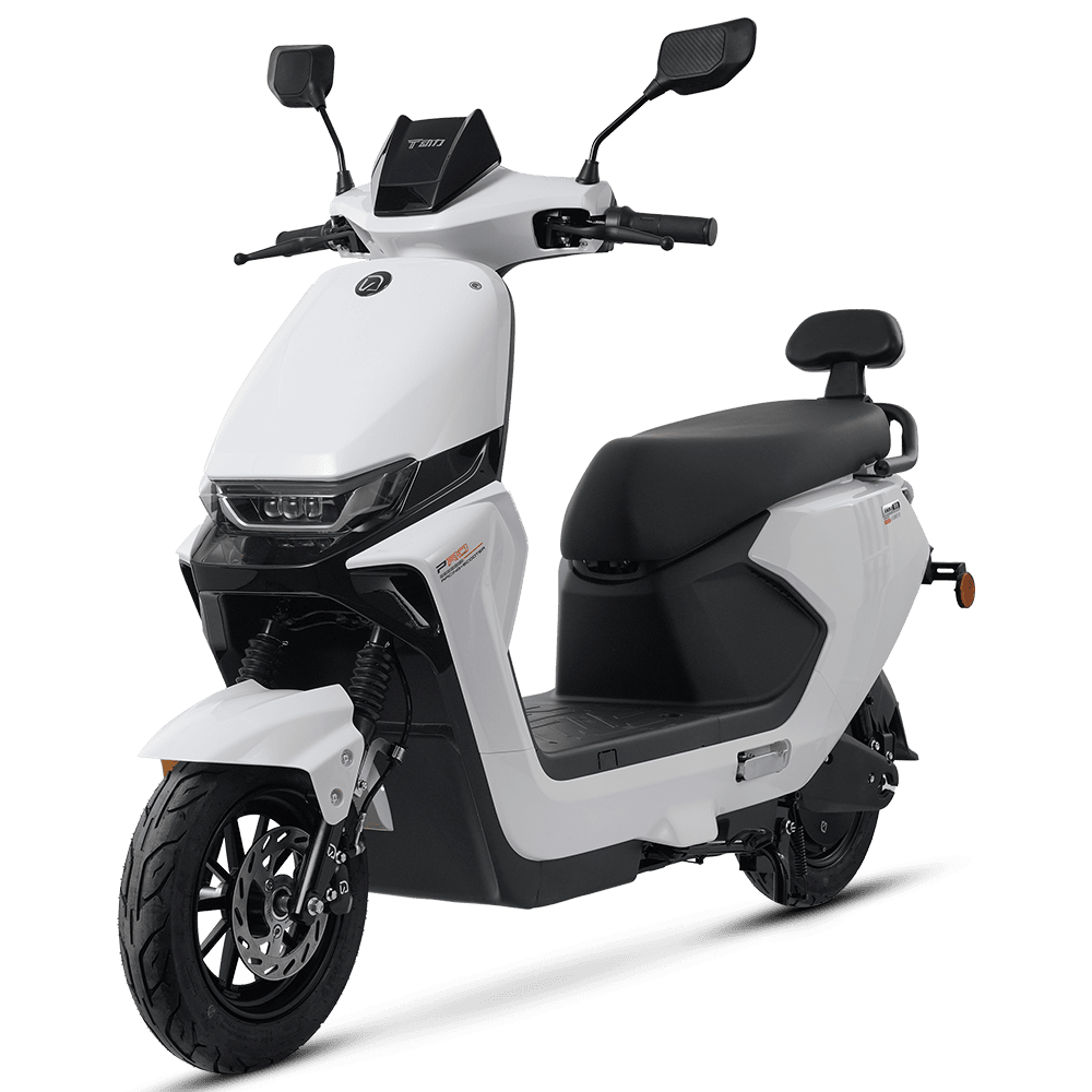Modern white electric scooter ideal for city commuting, featuring a sleek design, comfortable seat, and advanced features for efficient transportation.