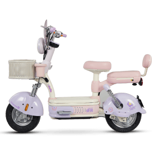 Pink children's electric scooter with a comfortable seat, storage basket, and safety features, ideal for kids' outdoor activities and fun rides.
