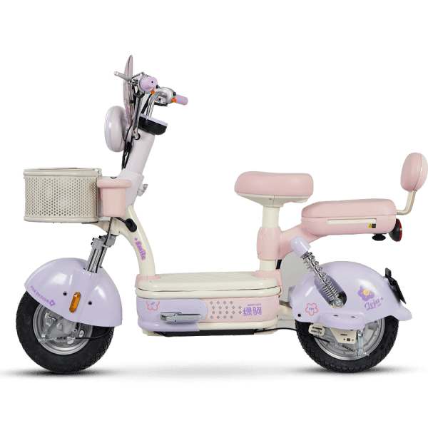 Pink children's electric scooter with a comfortable seat, storage basket, and safety features, ideal for kids' outdoor activities and fun rides.
