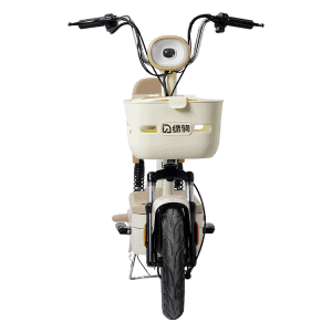 Electric bike with front basket, handlebar display, and sturdy tires, designed for eco-friendly transportation and urban commuting. Perfect for city travel and sustainable mobility solutions.