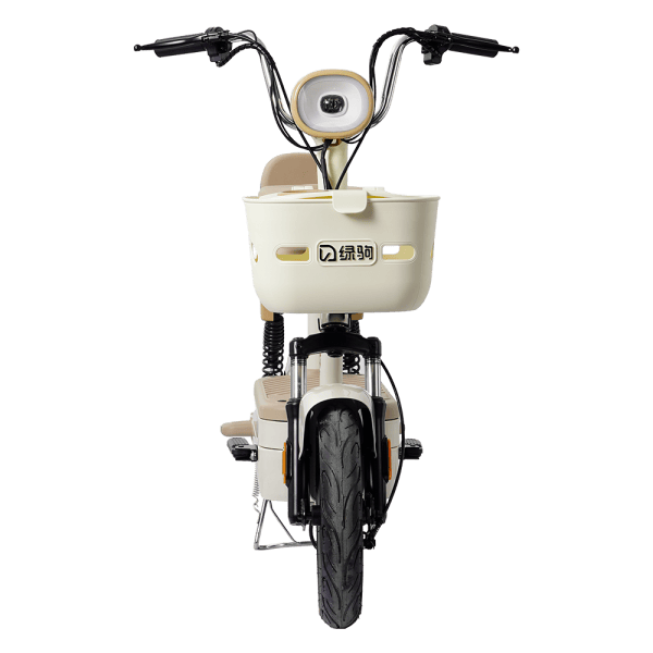 Electric bike with front basket, handlebar display, and sturdy tires, designed for eco-friendly transportation and urban commuting. Perfect for city travel and sustainable mobility solutions.