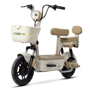 Modern beige electric bike with a front basket, designed for city commuting and delivery services, featuring a comfortable seat and durable build.