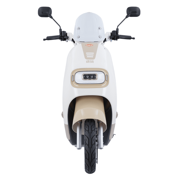 Modern white electric scooter with digital display, designed for city travel, featuring a sleek look and user-friendly controls.