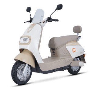 Modern electric scooter designed for city travel, featuring a sleek white and beige body, comfortable seat, and digital controls, ideal for eco-friendly urban transportation.