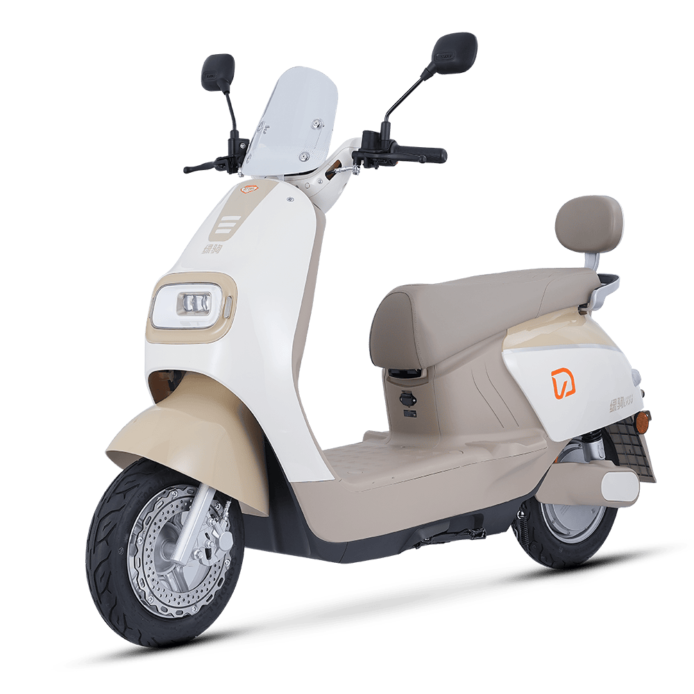 Modern electric scooter designed for city travel, featuring a sleek white and beige body, comfortable seat, and digital controls, ideal for eco-friendly urban transportation.
