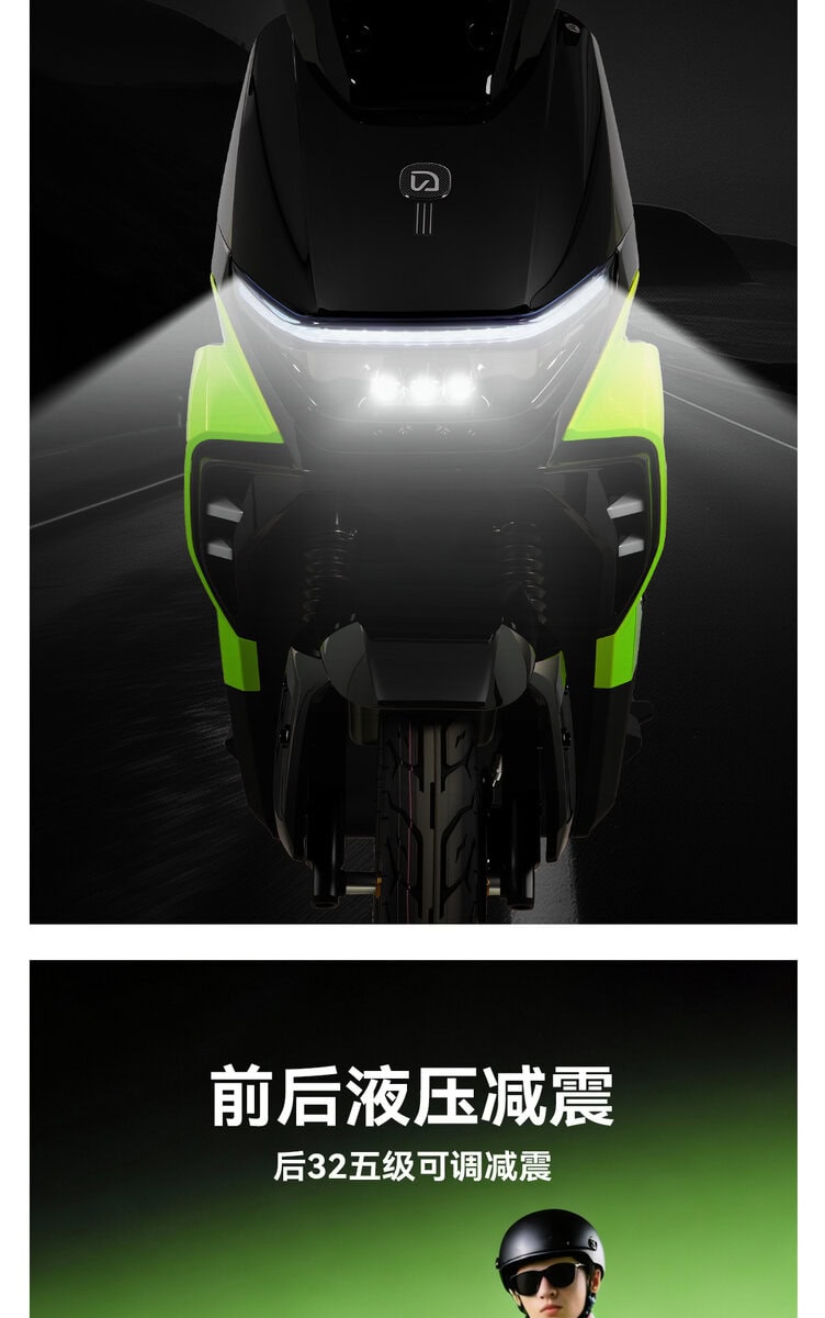 Electric motorcycle with front and rear hydraulic suspension, LED headlights, and aerodynamic design for enhanced stability and comfort.