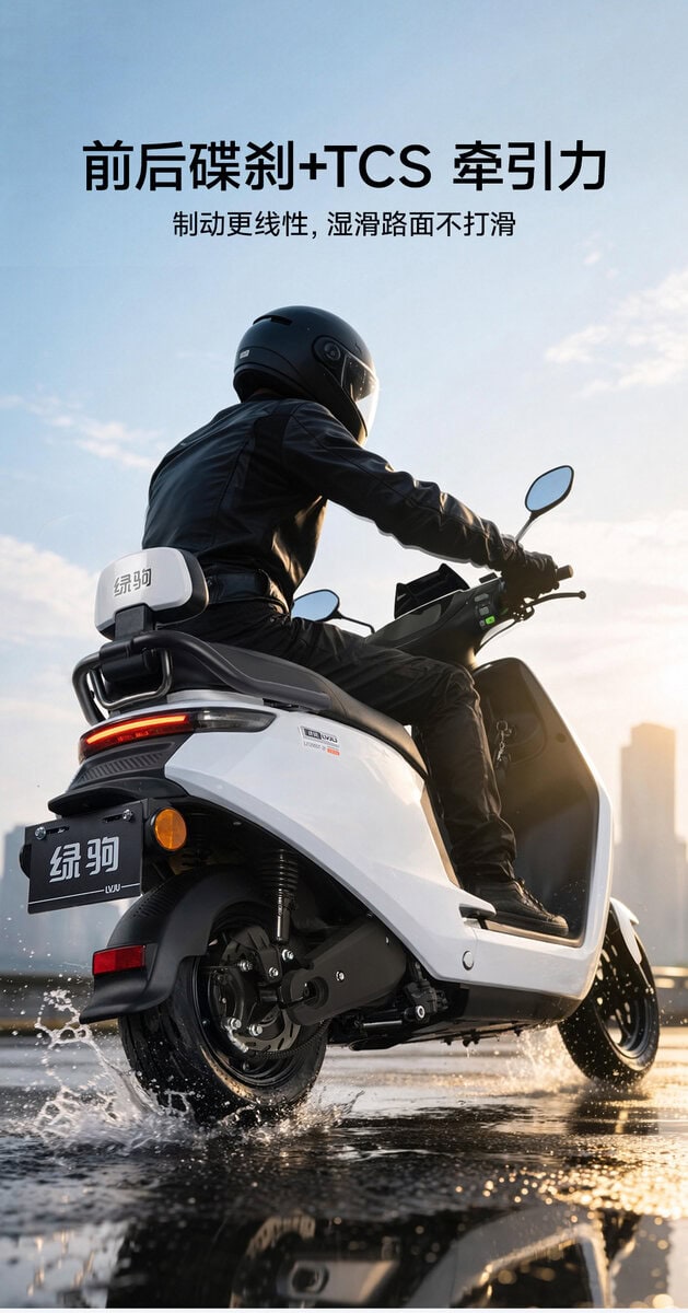 Electric scooter featuring front disc brake and TCS for enhanced safety and stability. Ideal for urban commuting, offering smooth ride and reliable performance in various weather conditions.