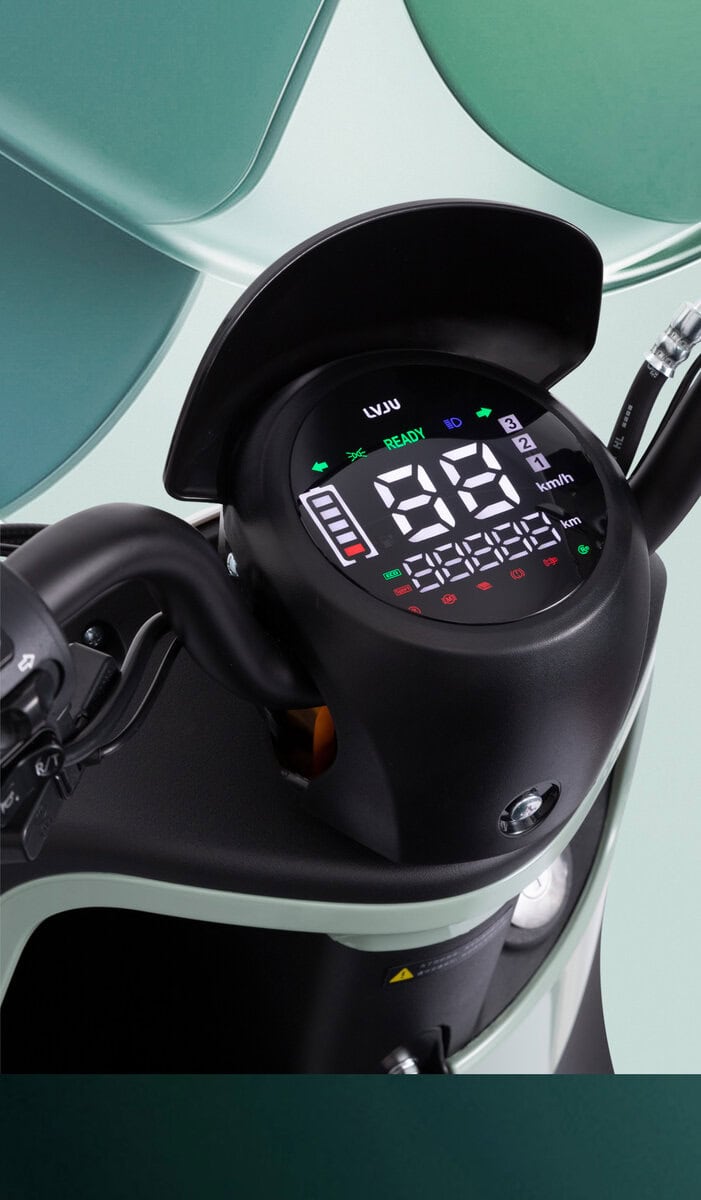 Electric scooter dashboard showing speed, battery level, and operational modes for enhanced riding experience.