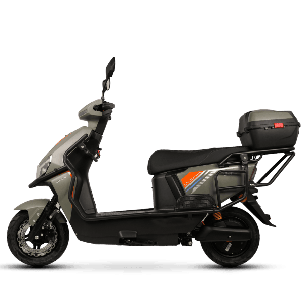 Modern electric scooter featuring a sleek design, large storage box at the rear, ideal for city commuting and eco-friendly transportation solutions.