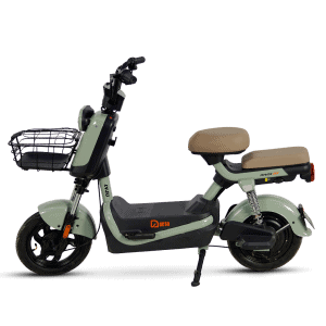 Eco-friendly electric scooter designed for city commuting and delivery, featuring a comfortable seat, front basket, and durable build for efficient transportation.