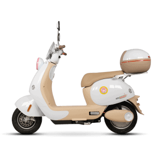 Electric scooter with storage box, ideal for city travel and eco-friendly transportation.