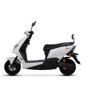 Electric scooter designed for city travel, featuring a sleek white body, comfortable seat, and advanced battery technology for efficient, eco-friendly transportation.