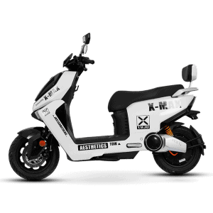 Modern white X-MAX electric scooter with black accents, designed for urban commuting and eco-friendly transportation. Features sleek aesthetics and advanced technology for efficient travel.