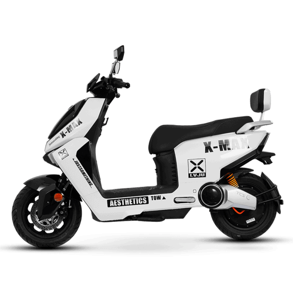 Modern white X-MAX electric scooter with black accents, designed for urban commuting and eco-friendly transportation. Features sleek aesthetics and advanced technology for efficient travel.