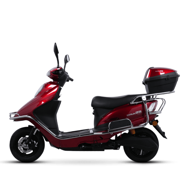 Electric scooter with top storage box, ideal for city commuting and eco-friendly transportation. Features a sleek red design, comfortable seat, and durable build for daily use.