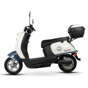 Electric scooter designed for city transportation with a rear storage box for deliveries and personal use. Compact, eco-friendly, and ideal for short-distance travel in urban environments.
