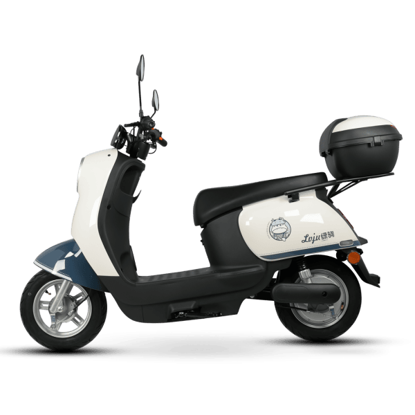 Electric scooter designed for city transportation with a rear storage box for deliveries and personal use. Compact, eco-friendly, and ideal for short-distance travel in urban environments.