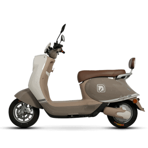 Modern beige and brown electric scooter with comfortable seat, ideal for urban commuting and eco-friendly transportation.