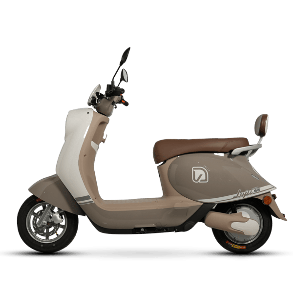 Modern beige and brown electric scooter with comfortable seat, ideal for urban commuting and eco-friendly transportation.