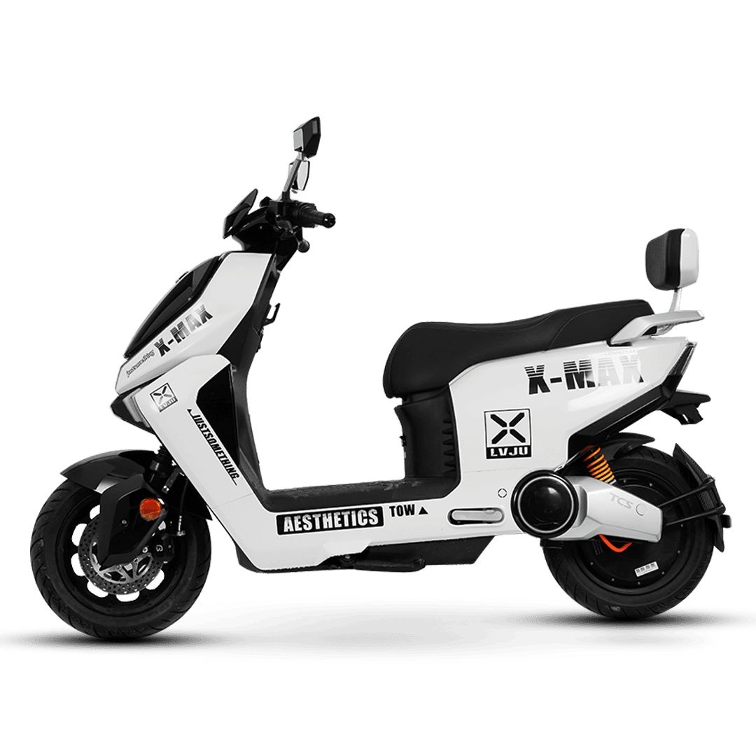 Modern white X-MAX electric scooter with black accents, designed for urban commuting and eco-friendly transportation. Features sleek aesthetics and advanced technology for efficient travel.
