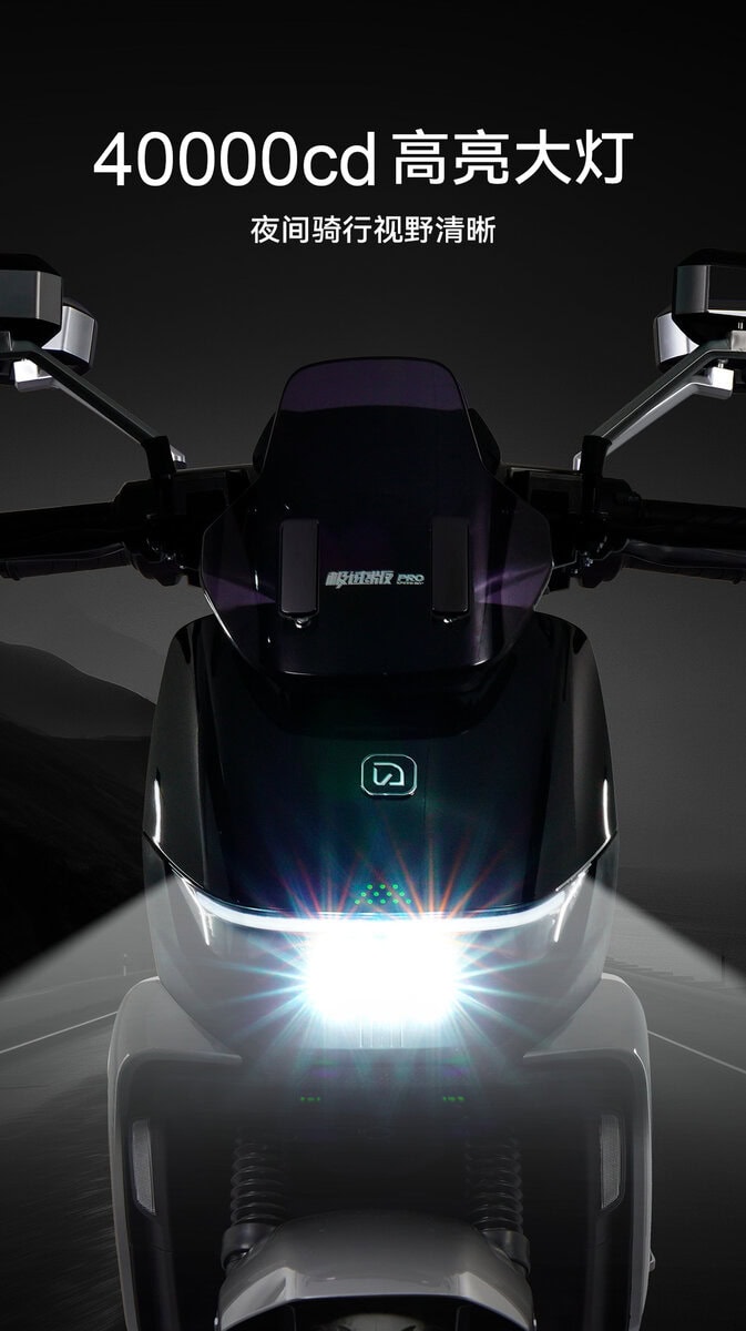 Front view of an electric motorcycle showcasing a powerful 40000cd LED headlight with high brightness, ideal for night riding and enhanced visibility.