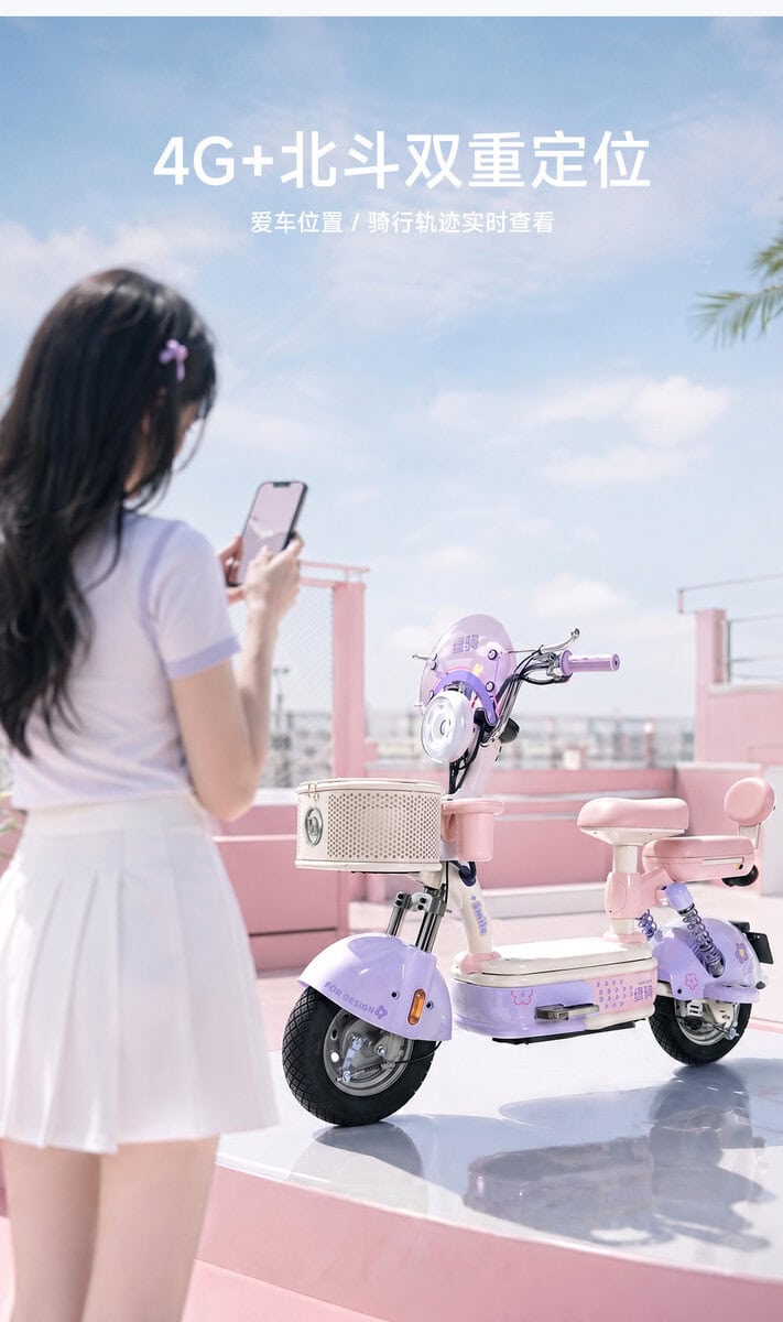 Child riding a purple electric scooter with 4G and GPS features, ideal for safe outdoor play and easy tracking. Perfect for kids' mobility and entertainment.