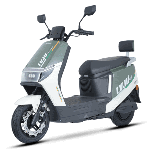 Modern electric scooter designed for city commuting, featuring a sleek white and green body, comfortable seat, and advanced safety features.