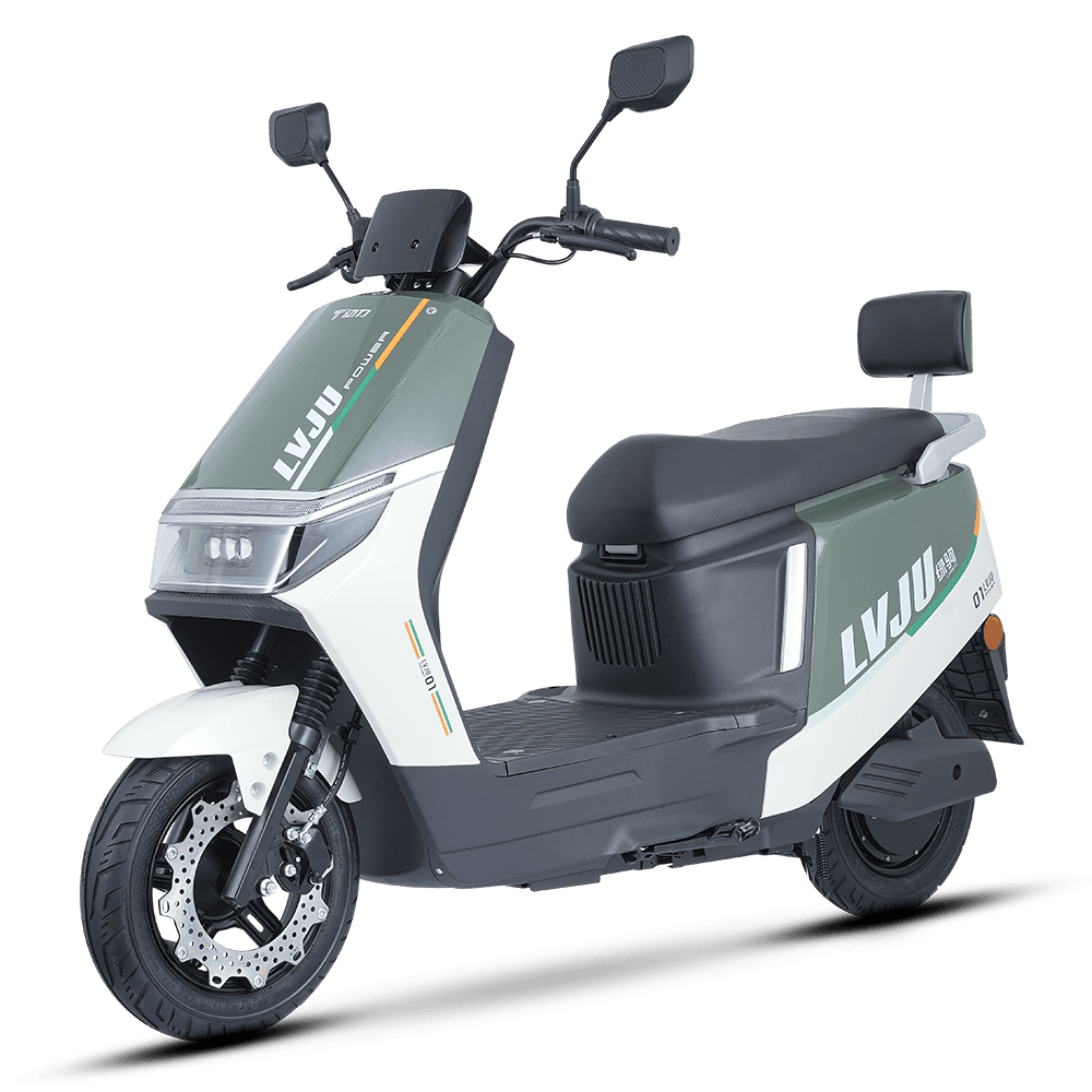 Modern electric scooter designed for city commuting, featuring a sleek white and green body, comfortable seat, and advanced safety features.