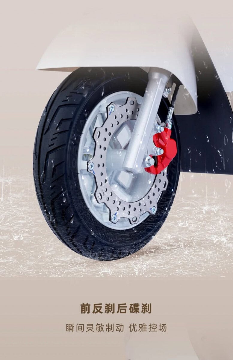 Electric scooter front wheel with disc brake and suspension system.