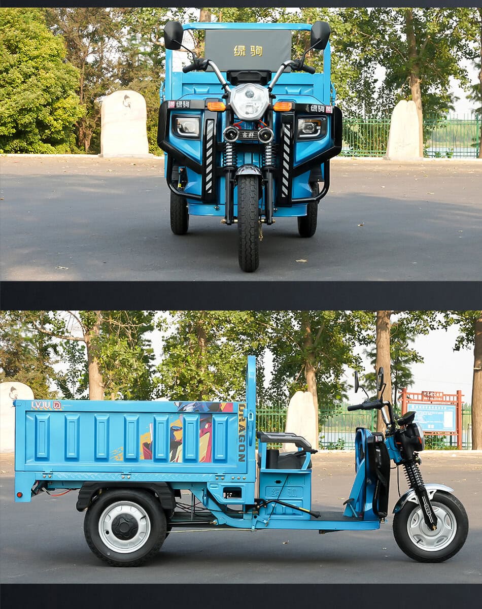 Blue electric three-wheeled vehicle with a sturdy design, suitable for urban and rural transportation, featuring a compact cabin and robust build.