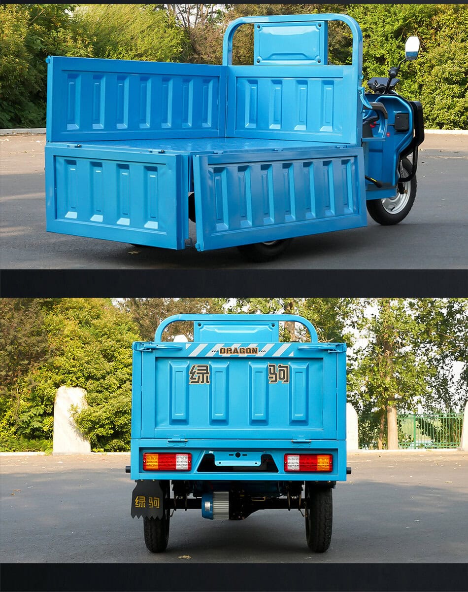 A blue cargo tricycle with a spacious container for delivery and logistics, suitable for urban transportation. The vehicle features a sturdy design, ideal for carrying goods efficiently in city enviro.