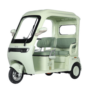 Electric three-wheeled rickshaw with comfortable seating and modern design, ideal for eco-friendly urban transportation and short-distance travel.