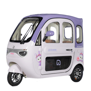 Modern electric tricycle designed for city commuting, featuring a compact, eco-friendly build with adorable character graphics, ideal for short-distance travel and delivery services.