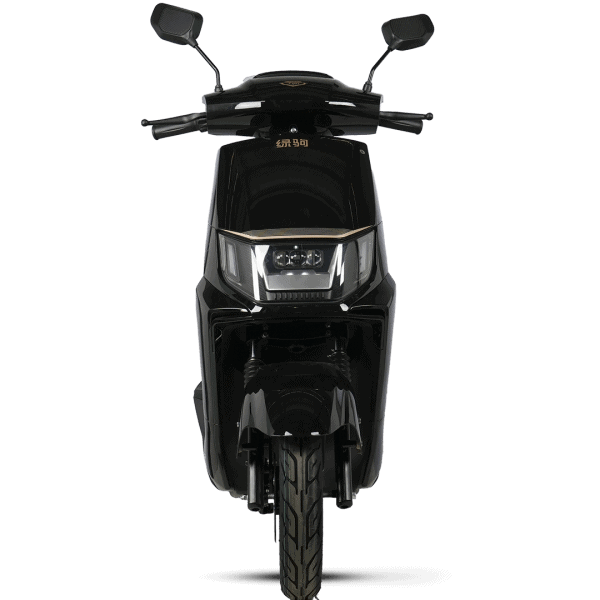 Modern black electric scooter with sleek design, LED headlights, and rearview mirrors, ideal for urban commuting and eco-friendly travel.