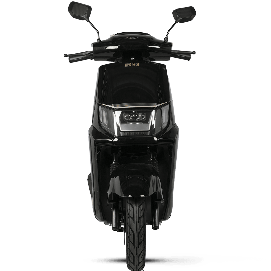 Modern black electric scooter with sleek design, LED headlights, and rearview mirrors, ideal for urban commuting and eco-friendly travel.