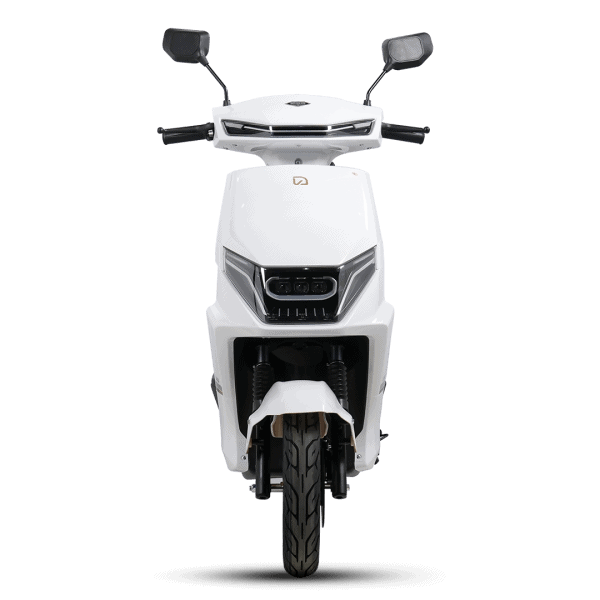 Electric scooter designed for efficient urban transportation, featuring a sleek white body, advanced dashboard, and comfortable handlebars for a smooth ride.