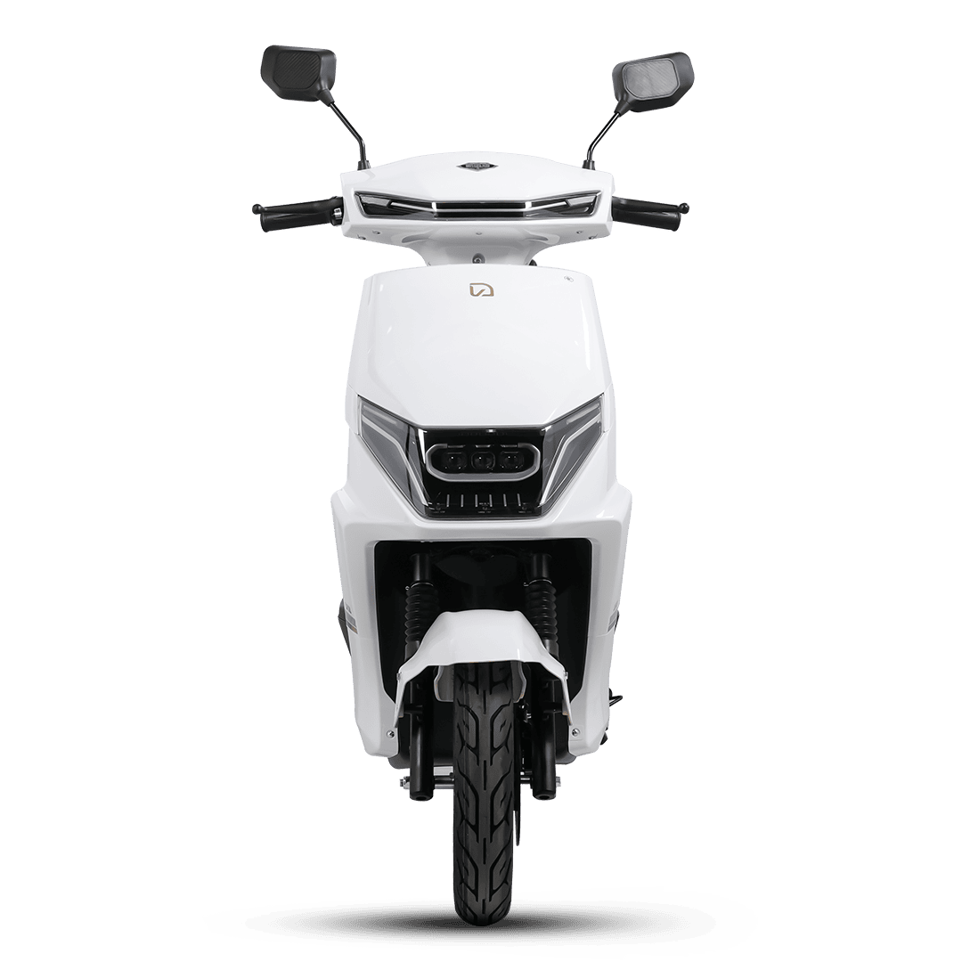 Electric scooter designed for efficient urban transportation, featuring a sleek white body, advanced dashboard, and comfortable handlebars for a smooth ride.